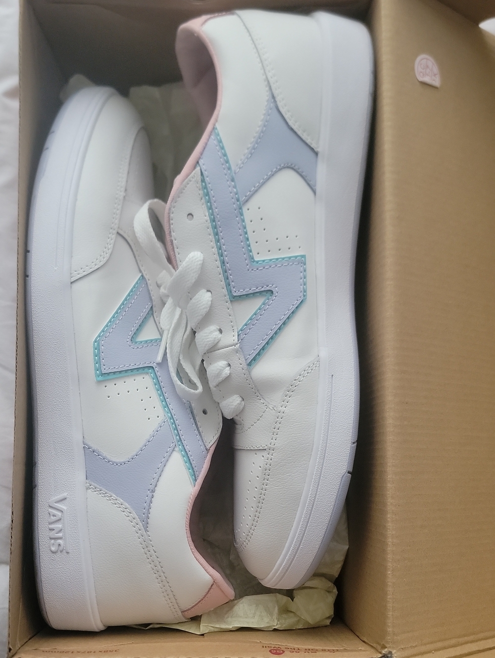 Vans White Sneakers with Pastel Blue and Pink Trim